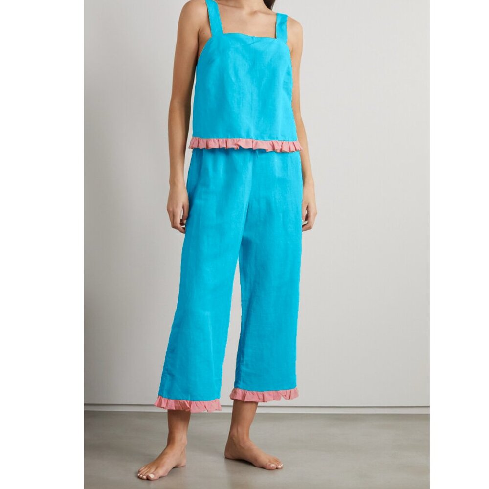 Dora Larsen Pajama Set Rosie Ruffled Linen & Cotton Blue Pink Pants Tank Top 10